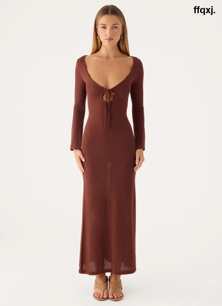 Amarise Knit Tie Front Maxi Dress - Chocolate - Maxi Dresses