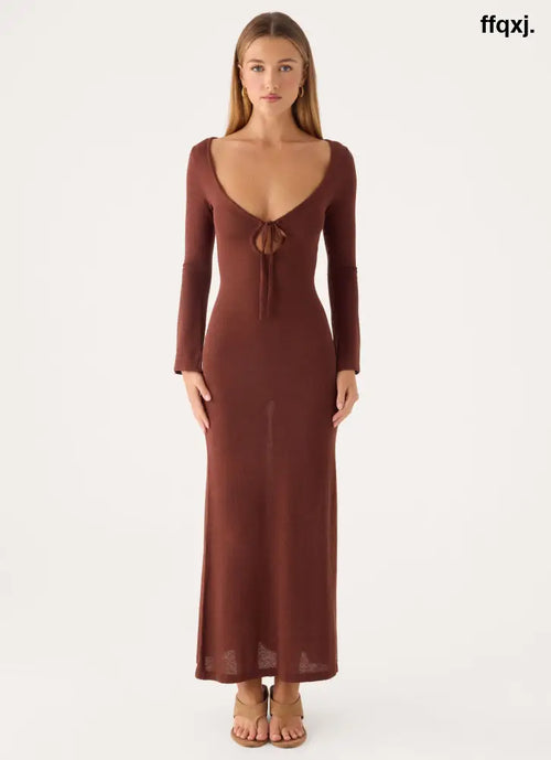 Amarise Knit Tie Front Maxi Dress - Chocolate - Maxi Dresses