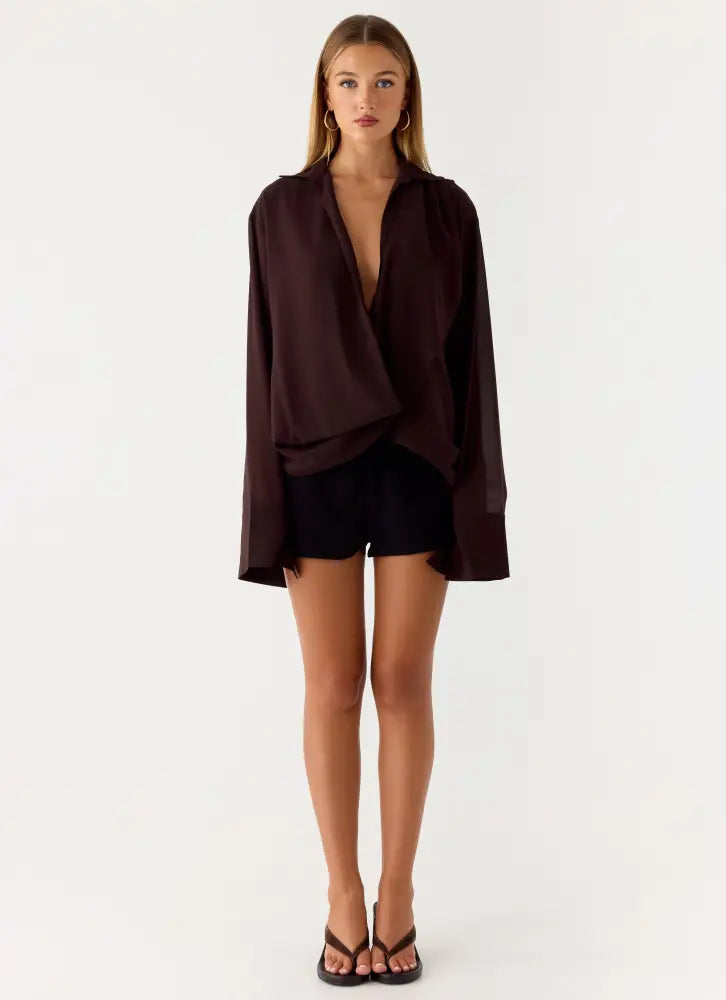 Annah Wrap Shirt - Chocolate - Tops