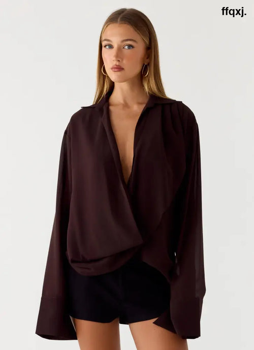 Annah Wrap Shirt - Chocolate - Tops