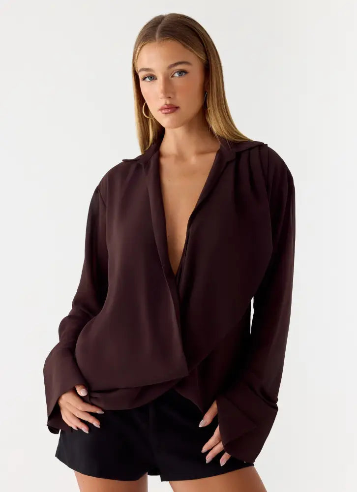Annah Wrap Shirt - Chocolate - Tops