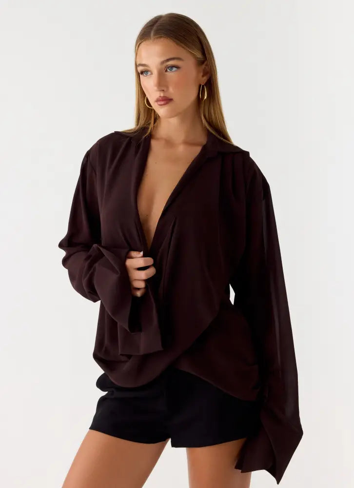Annah Wrap Shirt - Chocolate - Tops