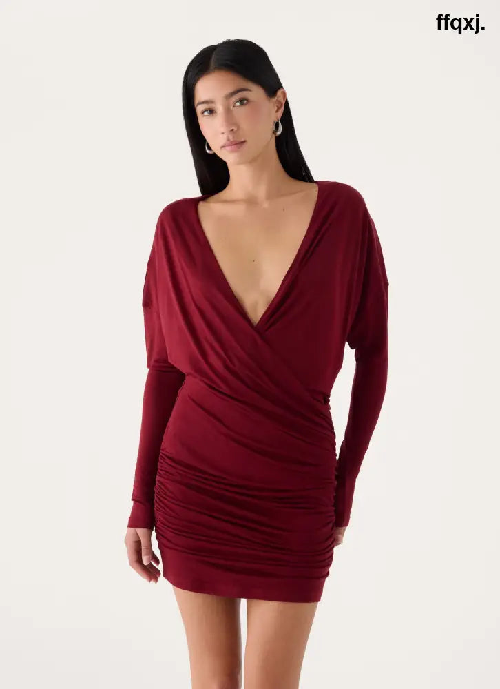 Devlon Long Sleeve Mini Dress - Maroon - Mini Dresses