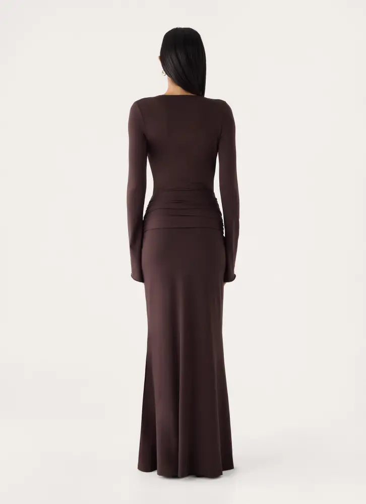 Gustin Long Sleeve Sash Maxi Dress - Chocolate - Maxi Dresses