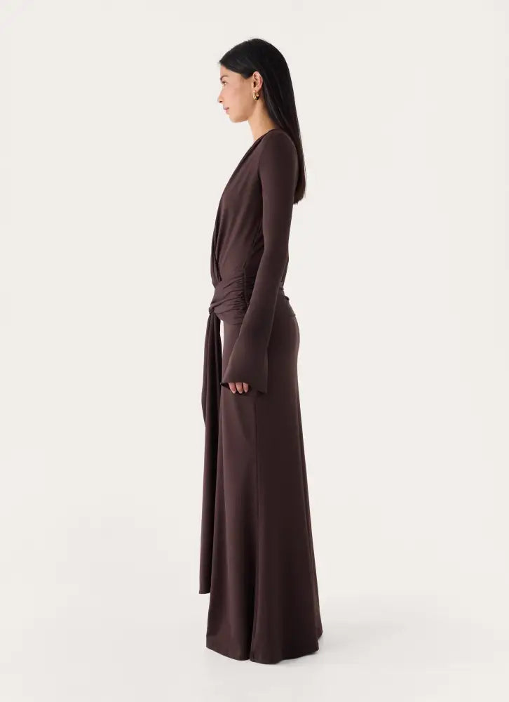 Gustin Long Sleeve Sash Maxi Dress - Chocolate - Maxi Dresses