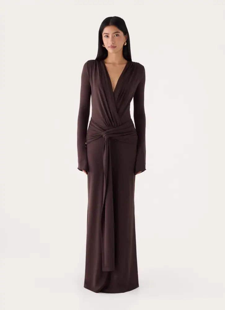 Gustin Long Sleeve Sash Maxi Dress - Chocolate - Maxi Dresses