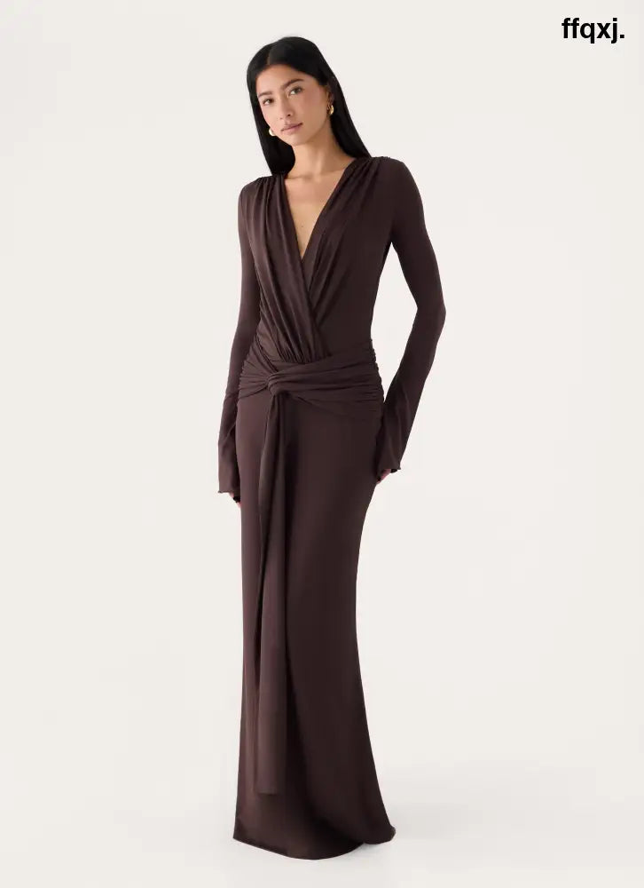 Gustin Long Sleeve Sash Maxi Dress - Chocolate - Maxi Dresses