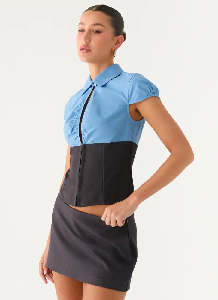 Harlee Poplin Suiting Top - Charcoal - Shirts + Blouses