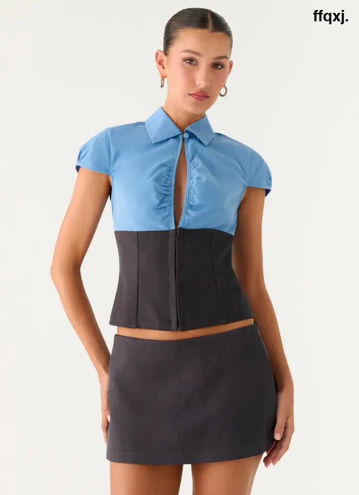 Harlee Poplin Suiting Top - Charcoal - Shirts + Blouses