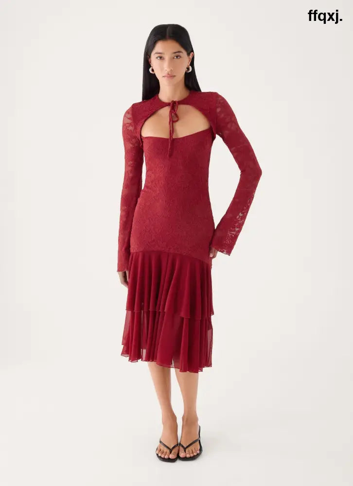 Lenora Lace Midi Dress - Fire Red - Midi Dresses