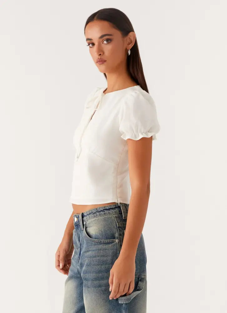 These Words Puff Sleeve Top - White - Shirts + Blouses