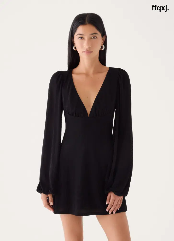 Venus Affair Long Sleeve Mini Dress - Black - Mini Dresses