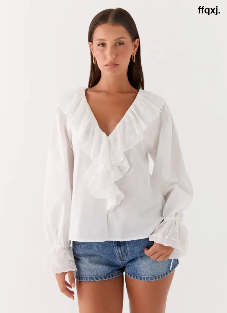 Verrin Cotton Blouse - White - Long Sleeve Tops