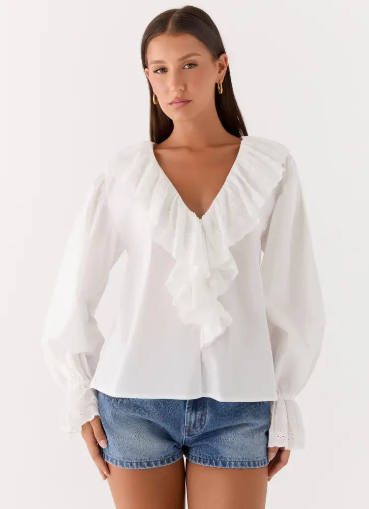 Verrin Cotton Blouse - White - Long Sleeve Tops