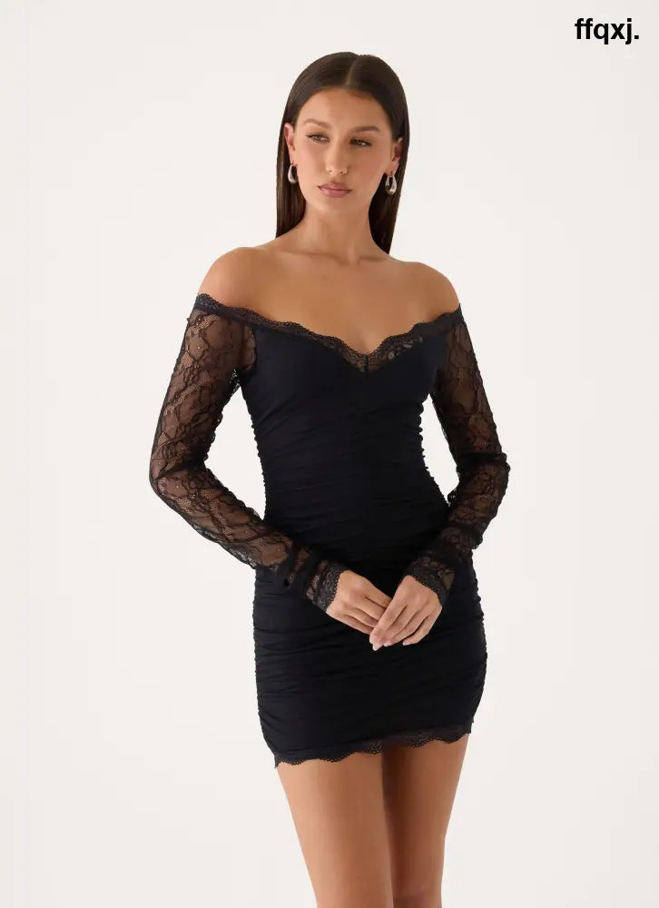 Vinese Long Sleeve Lace Mini Dress - Black - Mini Dresses